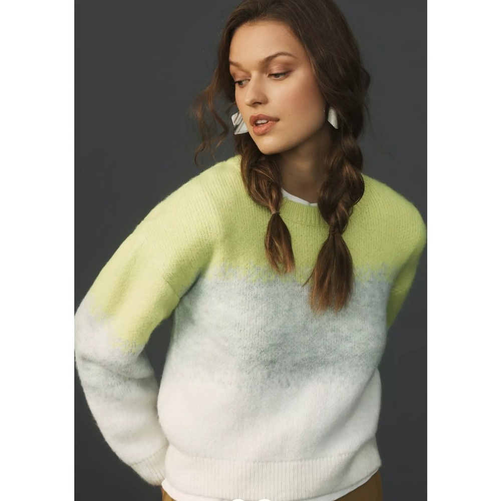 Maeve by Anthropologie Neon Green Grey White Ombre Crewneck Sweater‎ XXS